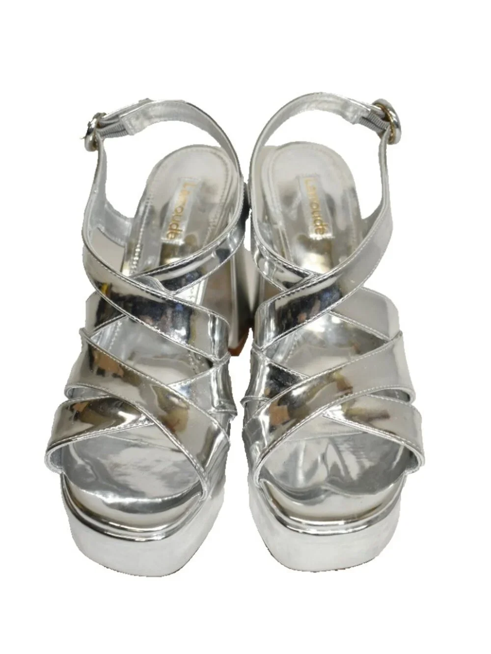 $350 Larroude Bee Platform BLOCK LEATHER SILVER CRISS CROSS SANDAL 6.5 (DD1)